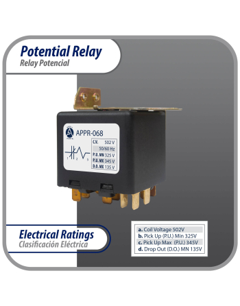 Appli Parts Potential Relay 068 Coil Voltage 502V Min Pick up 325V Max Pick up 345V Max Drop Out 135V 50/60 Hz Universal replacement for HVAC and Refrigeration units APPR-068