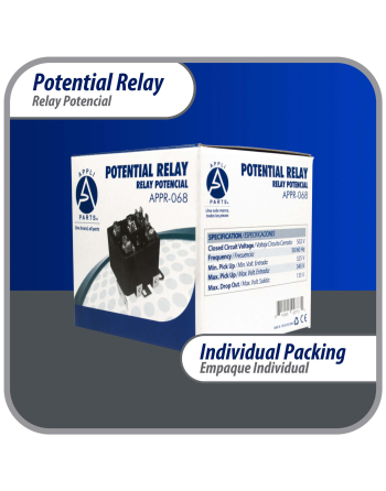 Appli Parts Potential Relay 068 Coil Voltage 502V Min Pick up 325V Max Pick up 345V Max Drop Out 135V 50/60 Hz Universal replacement for HVAC and Refrigeration units APPR-068