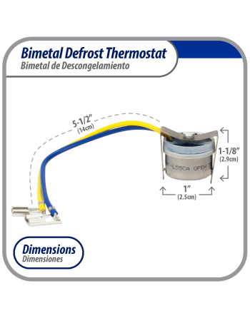 Appli Parts Bimetal Thermostat 2 Wire, Open 55 F and Close 40 F, With Clip, blue and yellow colored wires, Model APBT-L55CA, Reference BIM-318 / Thermodisc