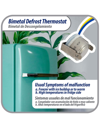 Appli Parts Bimetal Thermostat 2 Wire, Open 55 F and Close 40 F, With Clip, blue and yellow colored wires, Model APBT-L55CA, Reference BIM-318 / Thermodisc
