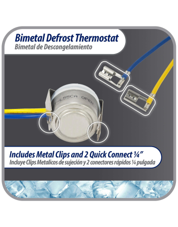 Appli Parts Bimetal Thermostat 2 Wire, Open 55 F and Close 40 F, With Clip, blue and yellow colored wires, Model APBT-L55CA, Reference BIM-318 / Thermodisc