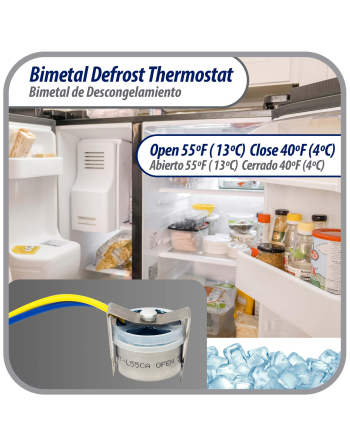 Appli Parts Bimetal Thermostat 2 Wire, Open 55 F and Close 40 F, With Clip, blue and yellow colored wires, Model APBT-L55CA, Reference BIM-318 / Thermodisc