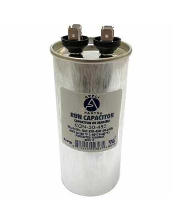 Appli Parts Run Capacitor for ac 50 Mfd uF (microfarads) 370 VAC or 450 VAC CBB65 Round Universal fit for hvac and other applications 4-3/4 in High 2 in Wide CON-50-450