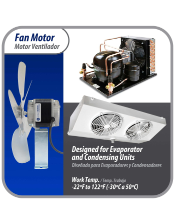 Appli Parts refrigeration condenser motor 34W 115V 60Hz 1.5A 1450rpm includes base and 12in aluminum Fan Blade CCW shaft end Universal fit APFM-341E