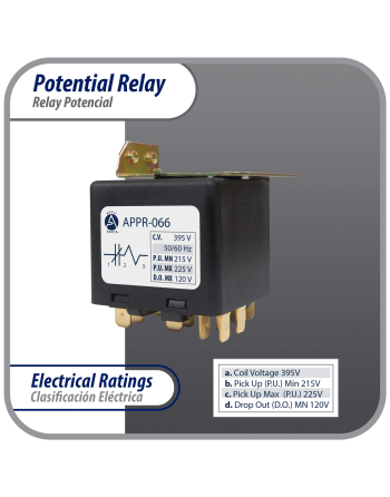 Appli Parts Potential Relay 066 Coil Voltage 395V Min Pick up 215V Max Pick up 225V Max Drop Out 120V 50/60 Hz Universal replacement for HVAC and Refrigeration units APPR-066