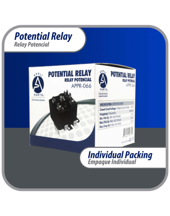 Appli Parts Potential Relay 066 Coil Voltage 395V Min Pick up 215V Max Pick up 225V Max Drop Out 120V 50/60 Hz Universal replacement for HVAC and Refrigeration units APPR-066