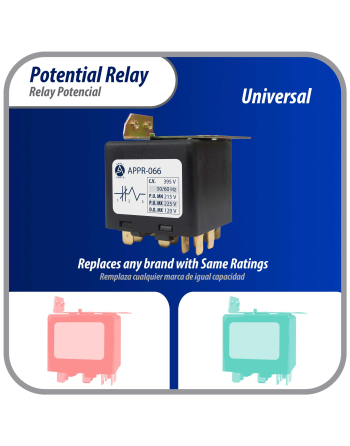 Appli Parts Potential Relay 066 Coil Voltage 395V Min Pick up 215V Max Pick up 225V Max Drop Out 120V 50/60 Hz Universal replacement for HVAC and Refrigeration units APPR-066