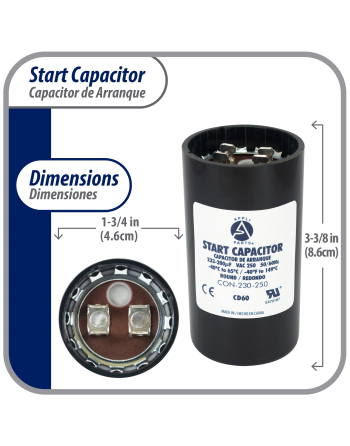Appli Parts motor start capacitor 233-280 Mfd (microfarads) uF 250VAC universal fit for electric motor applications 1-3/4 in Wide 3-3/8 in Height CON-233-250


