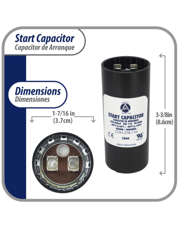 Appli Parts motor start capacitor 378-450 Mfd (microfarads) uF 110-125VAC universal fit for electric motor applications 1-7/16 in Wide 3-3/8 in Height CON-378-110
