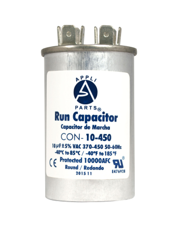 Appli Parts Run Capacitor for ac 10 Mfd uF (microfarads) 370 VAC or 450 VAC CBB65 Round Universal fit for hvac and other applications 3 in High 1-1/2 in Wide CON-10-450