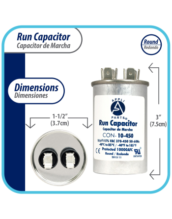 Appli Parts Run Capacitor for ac 10 Mfd uF (microfarads) 370 VAC or 450 VAC CBB65 Round Universal fit for hvac and other applications 3 in High 1-1/2 in Wide CON-10-450