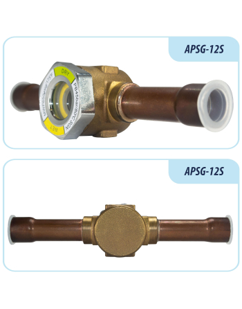 Appli Parts Sight Glass liquid moisture indicator with 1/2 x 1/2 in ODF Solder connections take-apart body type suitable for CFC HCFC HFC refrigerants APSG-12S