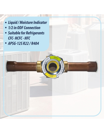 Appli Parts Sight Glass liquid moisture indicator with 1/2 x 1/2 in ODF Solder connections take-apart body type suitable for CFC HCFC HFC refrigerants APSG-12S