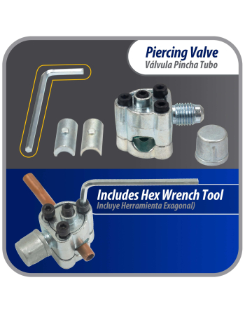 Appli Parts Bullet Piercing Valve kit with 1/4, 5/16 or 3/8 in tube size adapters and gasket for small refrigeration systems with 1/4in SAE Service Port APT-PV210