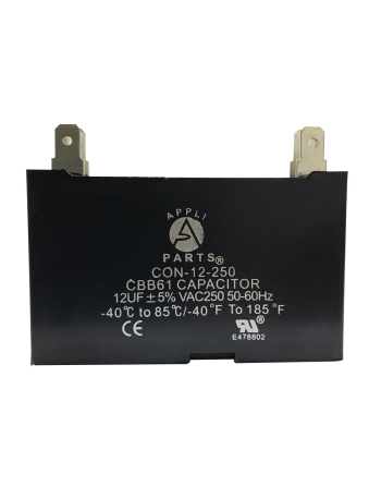 Appli Parts Fan Capacitor 12 mfd (microfarads) uf 250 VAC with 4 Terminal Connections compatible with any brand within the same range of capacitance 2-1/4in Width 7/8in Depth 1-3/4in Height CAP-12-250