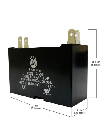 Appli Parts Fan Capacitor 12 mfd (microfarads) uf 250 VAC with 4 Terminal Connections compatible with any brand within the same range of capacitance 2-1/4in Width 7/8in Depth 1-3/4in Height CAP-12-250