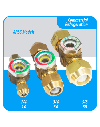 Appli Parts Sight Glass liquid moisture indicator with 3/4 x 3/4 in Flare connections take-apart body type suitable for CFC HCFC HFC refrigerants APSG-34