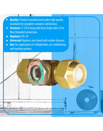 Appli Parts Sight Glass liquid moisture indicator with 3/4 x 3/4 in Flare connections take-apart body type suitable for CFC HCFC HFC refrigerants APSG-34