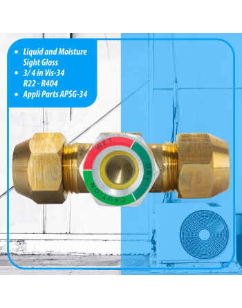 Appli Parts Sight Glass liquid moisture indicator with 3/4 x 3/4 in Flare connections take-apart body type suitable for CFC HCFC HFC refrigerants APSG-34