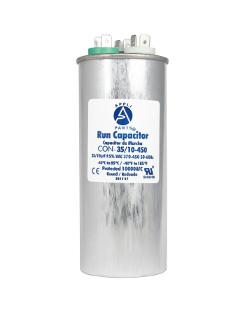 Appli Parts Dual Run Capacitor for ac 35+10 Mfd uF (microfarads) 370VAC or 450VAC Round Universal fit for hvac and other applications 5-1/4 in High 2 in Wide CON-35/10-450
