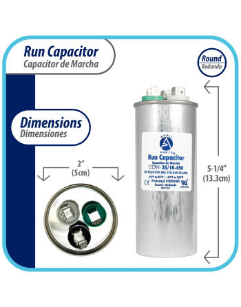 Appli Parts Dual Run Capacitor for ac 35+10 Mfd uF (microfarads) 370VAC or 450VAC Round Universal fit for hvac and other applications 5-1/4 in High 2 in Wide CON-35/10-450
